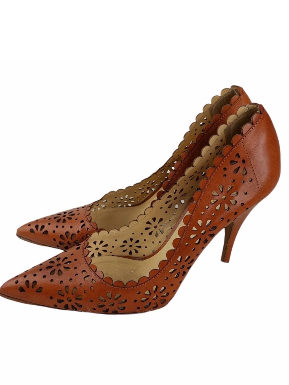 kate spade Scalloped Laser-Cut Pointed Toe Pumps - Cognac Brown 9.5